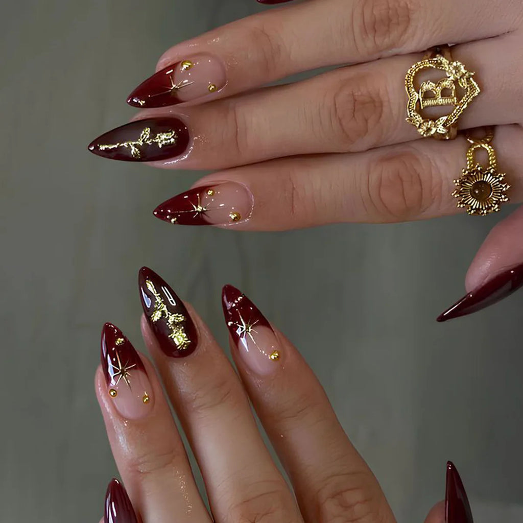 24pcs Flower Long Almond Press on False Nails Sets Reusable Gilded Lines Design Fake Nail Art Pearl French Full Cover Nail Tips