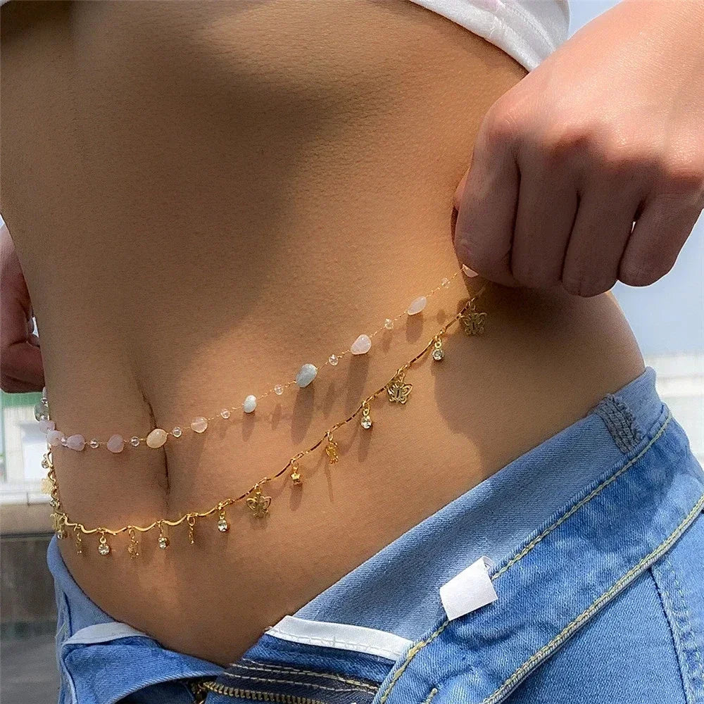 New Charm Sexy Double Layer Butterfly Chain for Women Waist Bead Belly Chain Belly Belt Summer Beach Body Jewelry Accessories