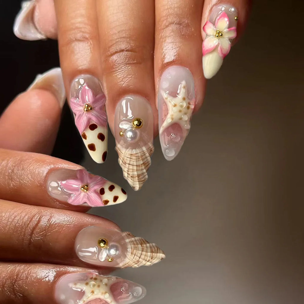24pcs Flower Long Almond Press on False Nails Sets Reusable Gilded Lines Design Fake Nail Art Pearl French Full Cover Nail Tips
