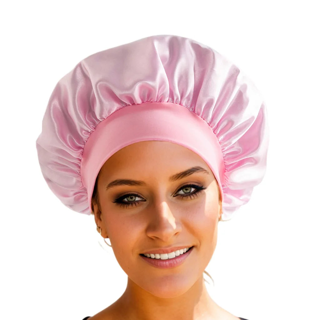 New Satin Wide Brim Nightcap Silky Bonnet Hair Wrap For Sleeping Sleep Cap With Elastic Soft Band Styling Cap Wash Face Nightcap