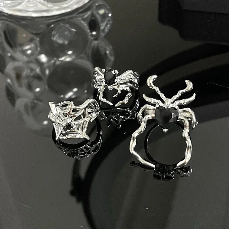 3 Styles Electroplating Black Heart Spider Web Opening Finger Rings Irregular Y2K Vintage Rings Punk Gothic Jewelry Party Gifts