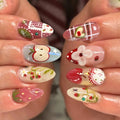 24pcs Flower Long Almond Press on False Nails Sets Reusable Gilded Lines Design Fake Nail Art Pearl French Full Cover Nail Tips