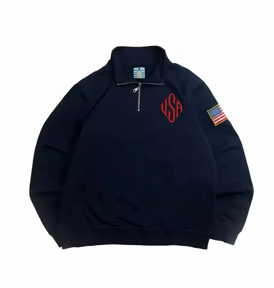 Pitt Y2K Retro Sweatshirt Sleeve Embroidery US Flag Stand Collar Quarterzip Pullover Niche Streetwear Unisex Oversized Tops