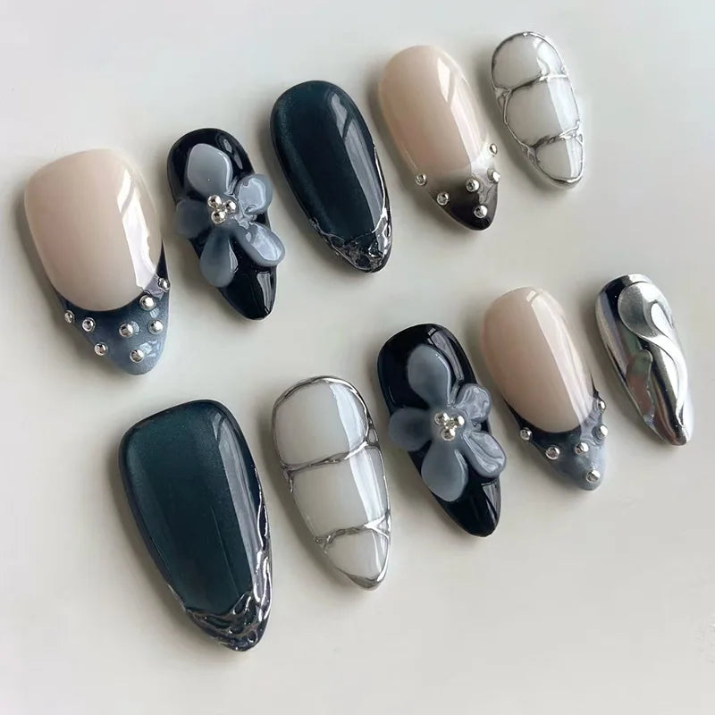 24pcs Flower Long Almond Press on False Nails Sets Reusable Gilded Lines Design Fake Nail Art Pearl French Full Cover Nail Tips