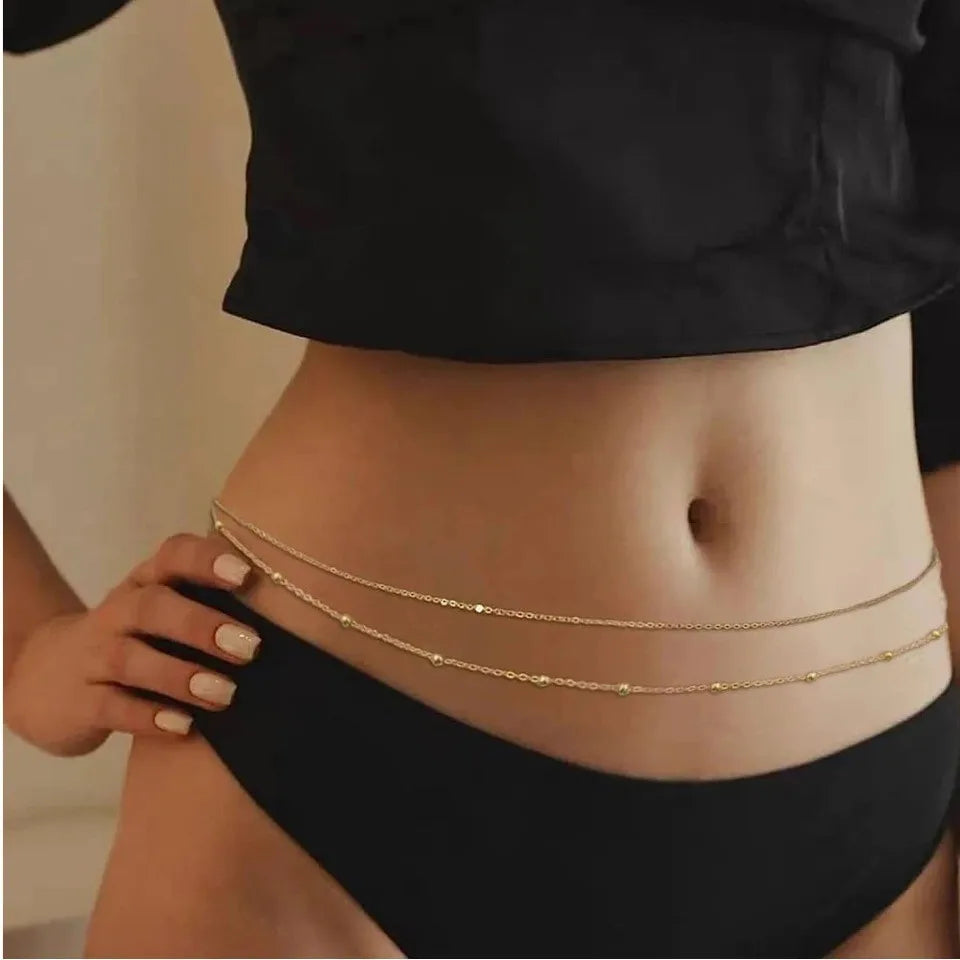 Summer Body Chain Double Layer Round Bead Waist Chain Adjustable Alloy Beach Jewelry Women's Boho Chic Belly Chain for Vacay