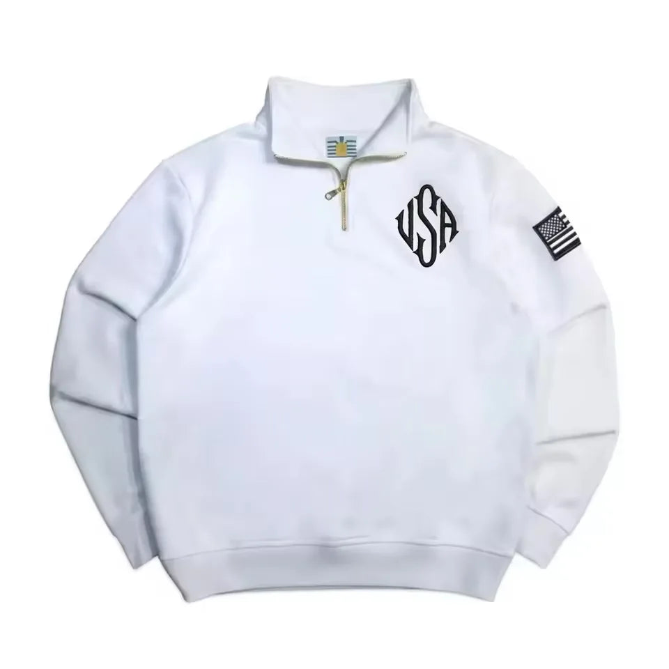 Pitt Y2K Retro Sweatshirt Sleeve Embroidery US Flag Stand Collar Quarterzip Pullover Niche Streetwear Unisex Oversized Tops