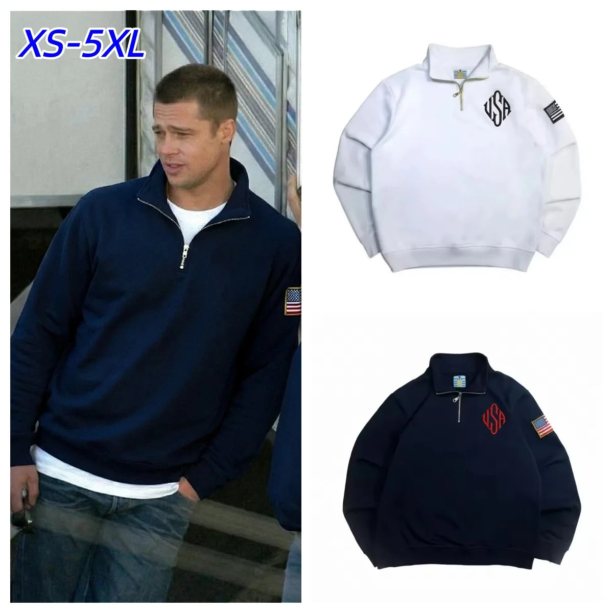 Pitt Y2K Retro Sweatshirt Sleeve Embroidery US Flag Stand Collar Quarterzip Pullover Niche Streetwear Unisex Oversized Tops