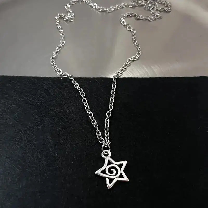Retro Gothic Irregular Geometry Vortex Heart Star Teeth Pendant Necklace for Men Women Fashion Punk Metal Chain Jewelry Gifts