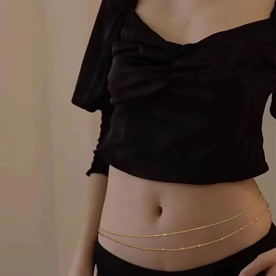 Summer Body Chain Double Layer Round Bead Waist Chain Adjustable Alloy Beach Jewelry Women's Boho Chic Belly Chain for Vacay